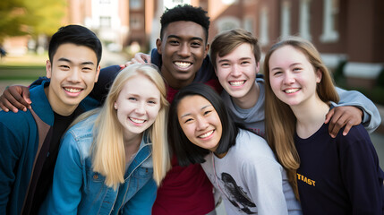 Obraz premium Portrait diverse group of university student friendship taking picture together outside, Smiling multicultural friends looking looking to camera outside the university campus
