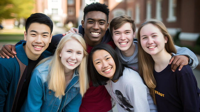 Portrait diverse group of university student friendship taking picture together outside, Smiling multicultural friends looking looking to camera outside the university campus