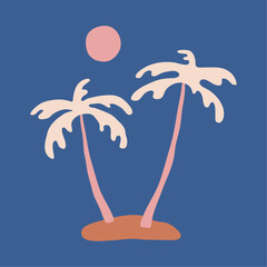 Hand Drawn Tropical Island Vector Illustration. Sunset on the Beach with Palm Trees and Sea. Beach Vibe.