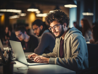 Male student using computer and applying his knowledge in writing code, developing software with diverse multiethnic classmates in the background.