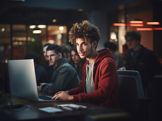 Handsome male student using computer and applying his knowledge in writing code, developing software with diverse multiethnic classmates in the background.