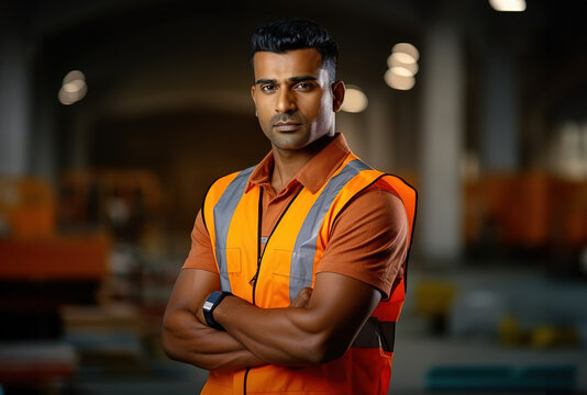 Handsome Indian ethnicity Civil engineer man in uniform standing with crossed arms on a construction site.