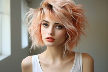 Fototapeta premium photo of a blonde girl with a short asymmetrical haircut