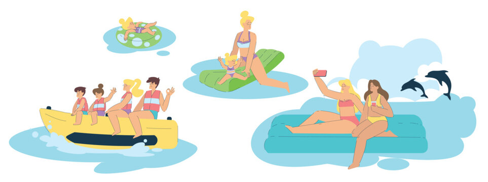 Family Vacation with Parent and Kids Enjoy Resort and Summer Holiday Floating on Inflatable and Swimming Vector Set