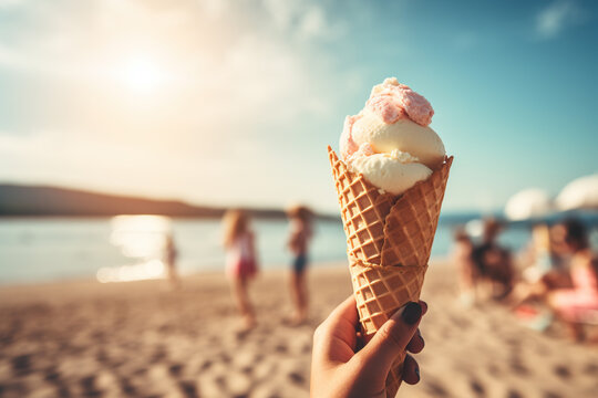 ice cream in cone sandy beach background, sunny day, outside outdoors, vacation and fun, relax and enjoy