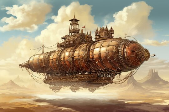 Large steampunk airship on a plain background. Vintage fantasy illustration. Stunning wallpaper. Generative AI