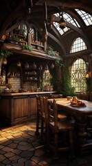 Background from a Medieval Kitchen - Medieval Kitchen Tapestry - A Blend of History and Modern Comfort - Kitchen Interior in the Medieval Style created with Generative AI Technology