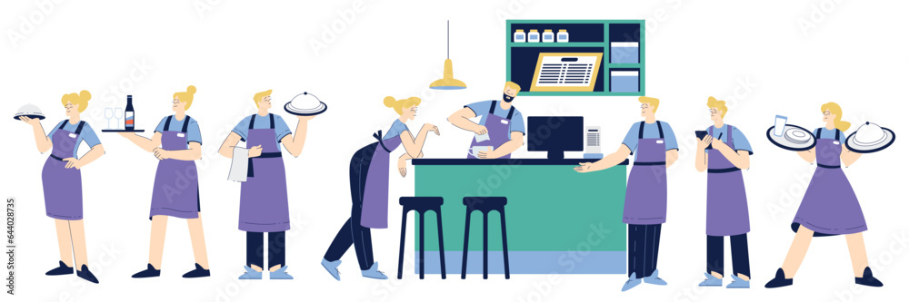 Sticker People Characters Waiter and Bartender as Restaurant Staff in Apron Vector Illustration