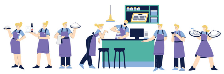 People Characters Waiter and Bartender as Restaurant Staff in Apron Vector Illustration