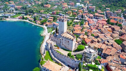 Fototapeta premium View of the Scaliger Castle from Malcesine - Lake Garda - 4k drone footage
