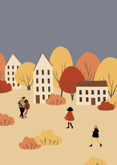 fall scene clipart, autumn poster with people at city park, fall season printable card, autumn vibes wall art print, Flat style vector illustration clipart, digital download, cartoon character.