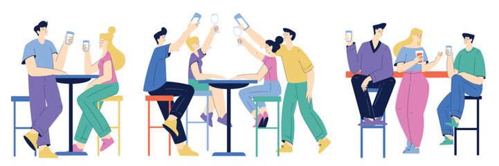 People Characters at Bar or Pub Sitting at Table with Drink Vector Set