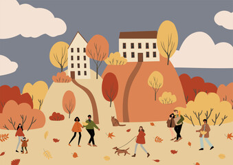 fall scene clipart, autumn poster with people at city park, fall season printable card, autumn vibes wall art print, Flat style vector illustration clipart, digital download, cartoon character.