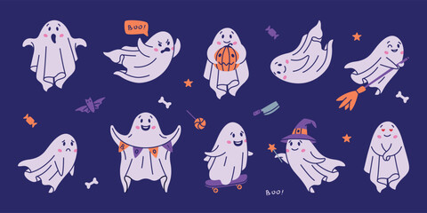 Cute Ghost Spooky Character and Flying Spirit Vector Set