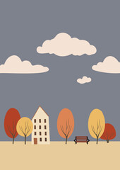 Fototapeta na wymiar fall landscape clipart, autumn park vector illustration, city scenery wall art print, nature background, tree printable poster, cityscape digital download card, flat style images.
