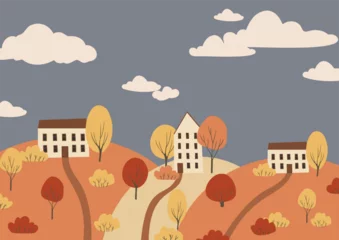 Foto op Plexiglas fall landscape clipart, autumn park vector illustration, city scenery wall art print, nature background, tree printable poster, cityscape digital download card, flat style images. © lyubovzaytseva