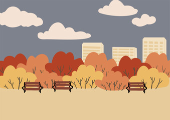 fall landscape clipart, autumn park vector illustration, city scenery wall art print, nature background, tree printable poster, cityscape digital download card, flat style images.