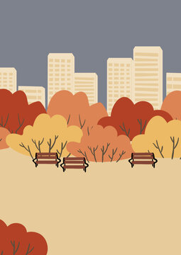fall landscape clipart, autumn park vector illustration, city scenery wall art print, nature background, tree printable poster, cityscape digital download card, flat style images.