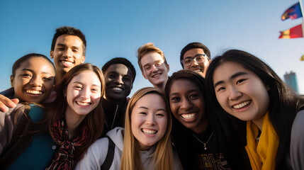 Portrait diverse group of university student friendship taking picture together outside, Smiling multicultural friends looking looking to camera outside the university campus