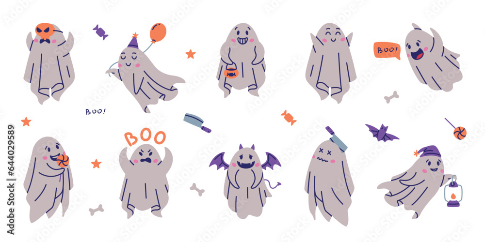 Poster Cute Ghost Spooky Character and Flying Spirit Vector Set