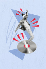 Magazine image collage of crazy funky unusual character listen music song melody have fun isolated...