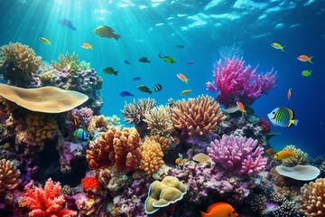 Obraz na płótnie Canvas A vibrant coral reef in an oceanic tropical ecosystem, creating an enticing underwater wallpaper background. Generative AI