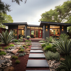 A modern ranch with gray walls and red doors 
