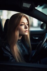 Fototapeta na wymiar shot of a beautiful young woman sitting in the driver seat of a car