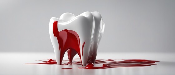Large molar tooth in blood on white isolated background