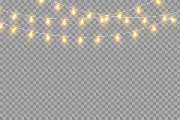 Christmas golden light lights isolated on transparent background, for cards, banners, posters, web design. A set of golden luminous garlands descending from the ceiling. LED neon lamp. Vector illustra