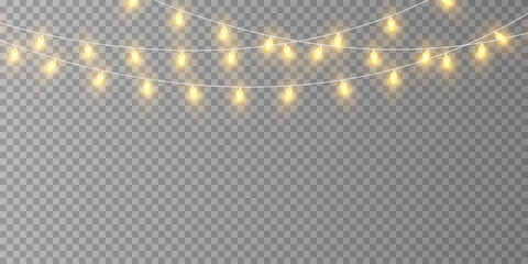 Christmas golden light lights isolated on transparent background, for cards, banners, posters, web design. A set of golden luminous garlands descending from the ceiling. LED neon lamp. Vector illustra