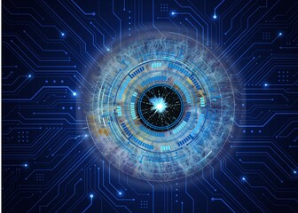 Abstract of blue circuit and virtual line connection interfaced digital eye futuristic technology