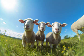 Obraz premium grass green farm sheep animal field lamb wool meadow sun. Generative AI.