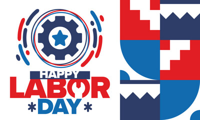 Obraz premium Happy Labor Day. Public federal holiday, celebrate annual in United States. American labor movement. Patriotic american elements. Poster, card, banner and background. Vector illustration
