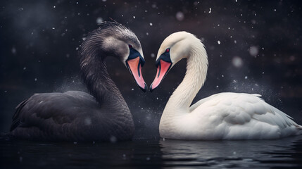 Black and white swans on the lake in the night