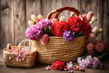 Fototapeta na wymiar Wooden basket of colorful flowers