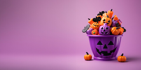 Halloween banner template, copy space. Fun trick or treat bucket with candies and toys isolated on solid purple background. 