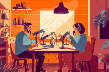 Fototapeta premium Couple doing a podcast in the their home