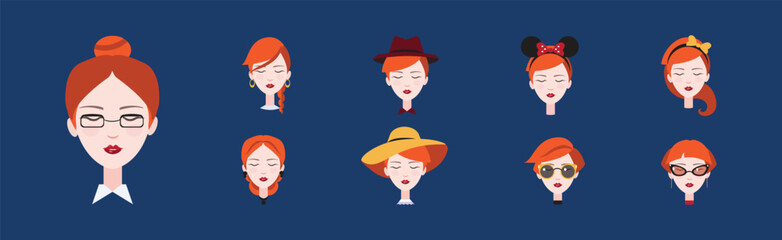 Redhead Young Woman Head and Avatar with Different Hairstyles Vector Set