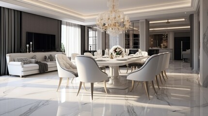 Fototapeta na wymiar White Marble Dining Room Interior Design - White Marble Dining Room Brilliance Background - Celebration of Luxury Mealtime Elegance - Modern Dining Space Charm created with Generative AI Technology