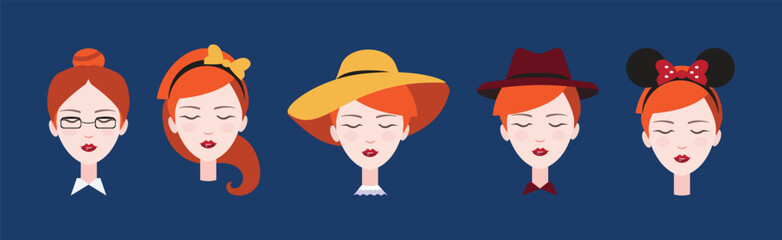Redhead Young Woman Head and Avatar with Different Hairstyles Vector Set