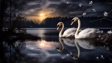 Two white swans at the lake in the night