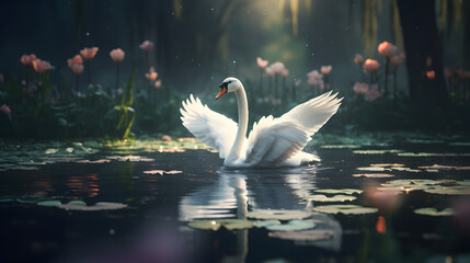 Mute swan flapping wings in the lake with beautiful flowers. - obrazy, fototapety, plakaty