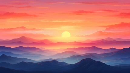Obraz premium A painting of a sunset over a mountain range