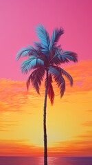 A painting of a palm tree in front of a sunset