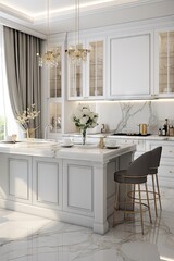 White Luxury Marble Kitchen Design Background - Kitchen Interior Backdrop in the White Luxury Marble Style - Kitchen with Beautiful White Marble Elements created with Generative AI Technology