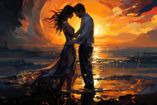 Romantic Ambiance: The Warm Embrace of the Evening Sun on the Lovers by the Serene Beach