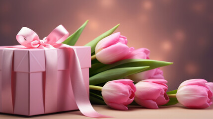 A pink gift box with a pink bow and pink tulips