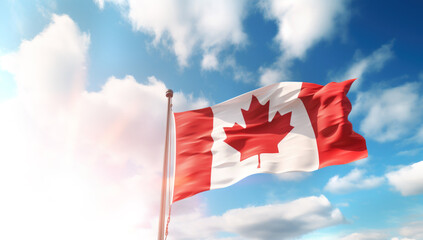 Canada national flag waving in the wind against deep blue sky. International relations concept. Made with AI gereration