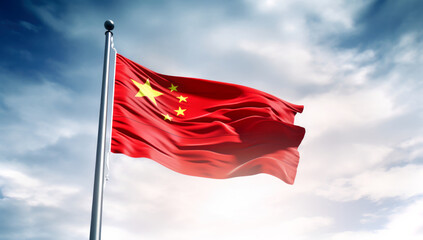 Waving red national flag of China against blue sky background. Made with AI gereration